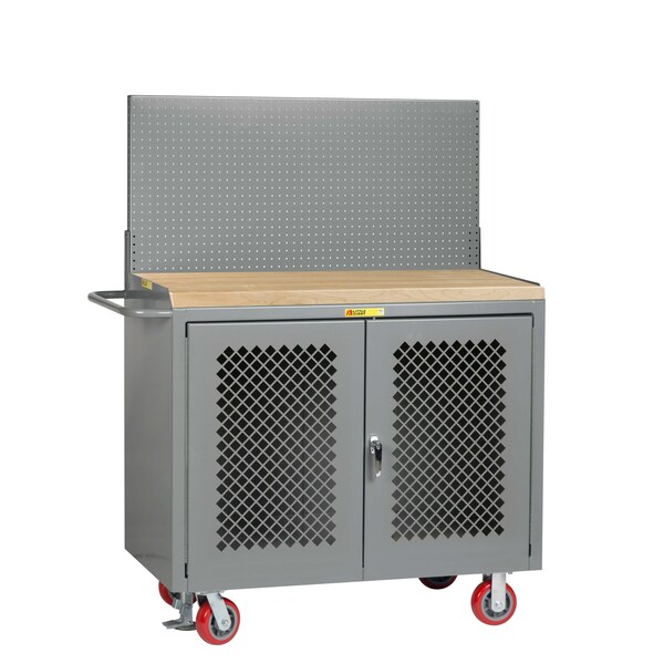 Mobile Bench Cabinets, Perf Doors, 36"W, Pegboard Panel, Butcher Block